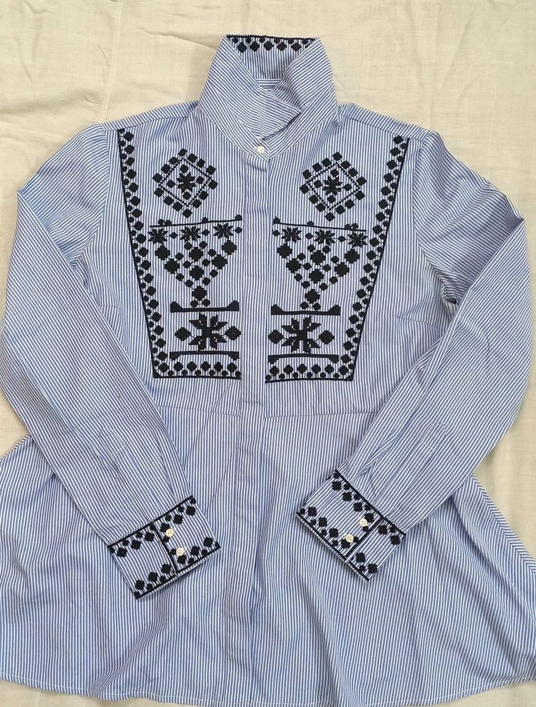 Blue Striped Embroidered Peplum Shirt