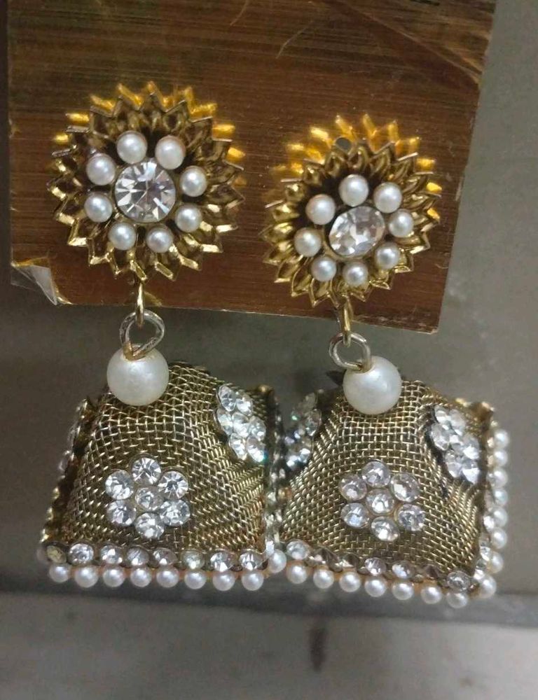 Gold Tone Jhumka Earrings with Pearls