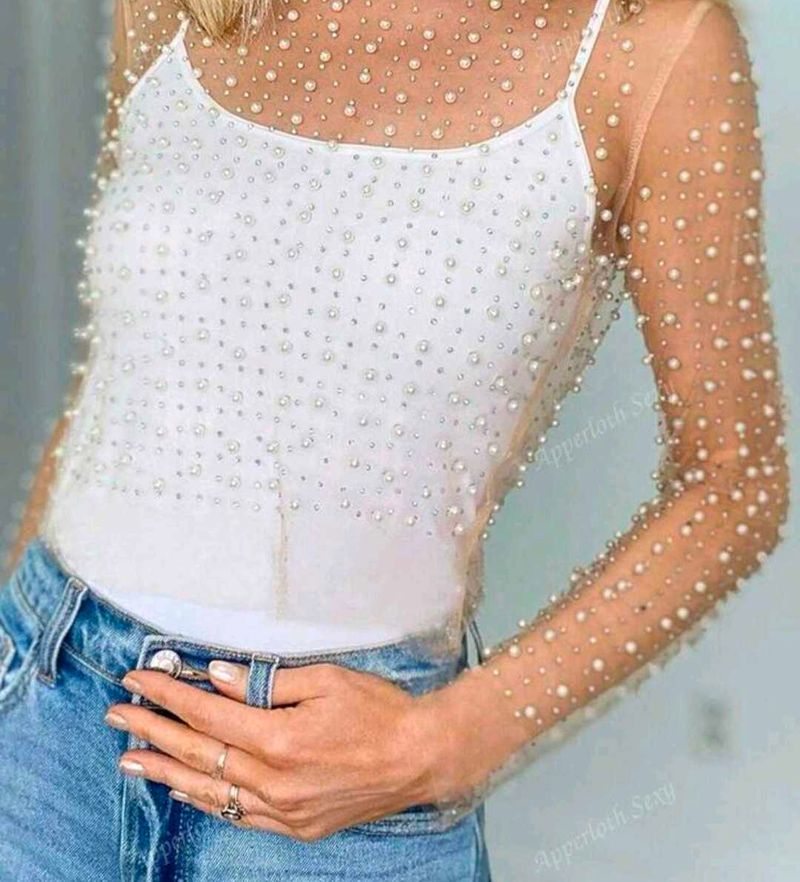 Pearl Embellished Mesh Top