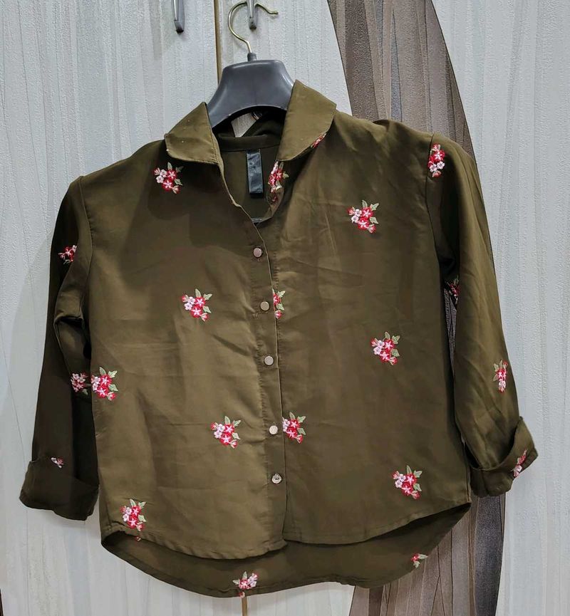 Olive Green Floral Button Down