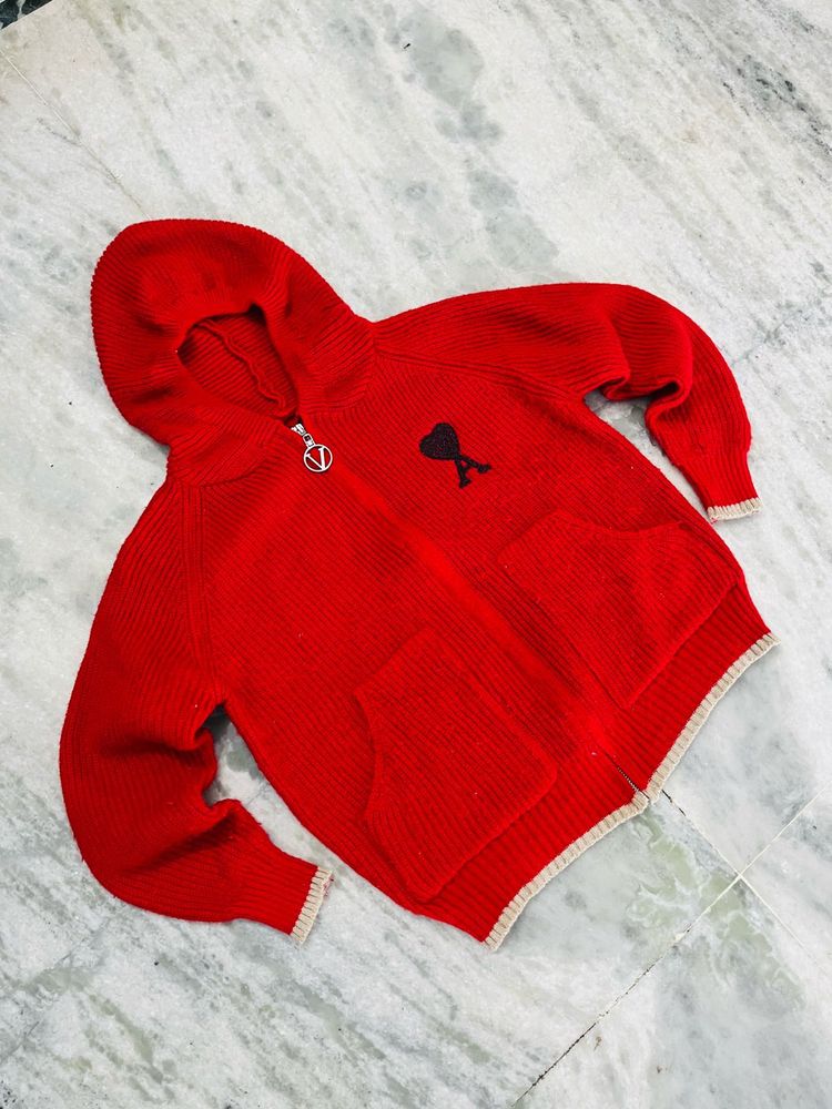 Red Knit Zip-Up Hoodie