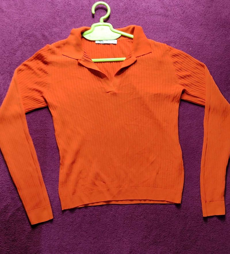 Orange Ribbed Knit Top