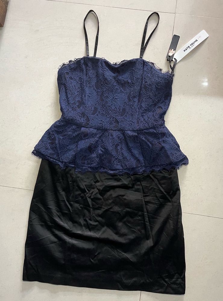 Navy Blue And Black Lace Peplum Dress