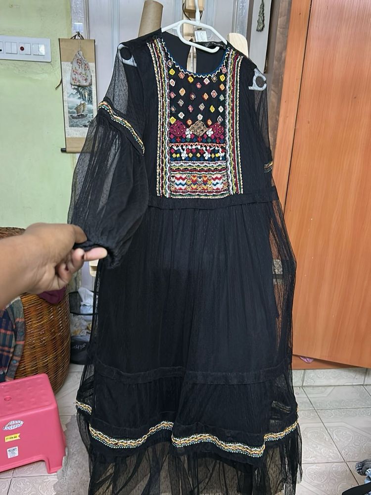 Zara Black Embroidered Mesh Dress