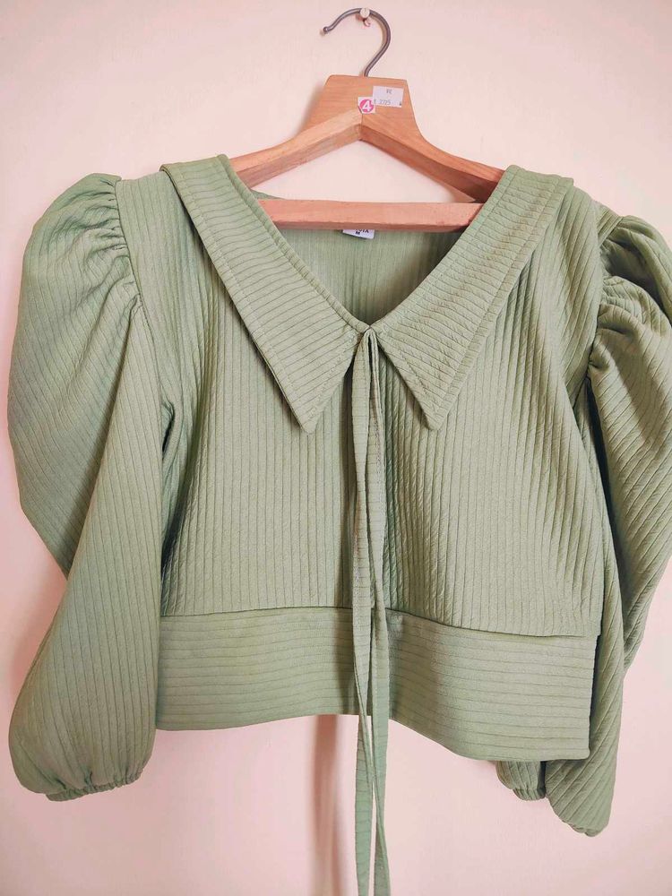 Green Puff Sleeve Tie Top