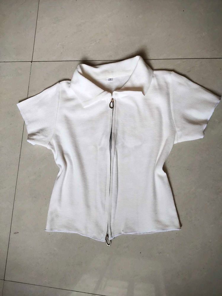 White Knit Zip-Up Polo