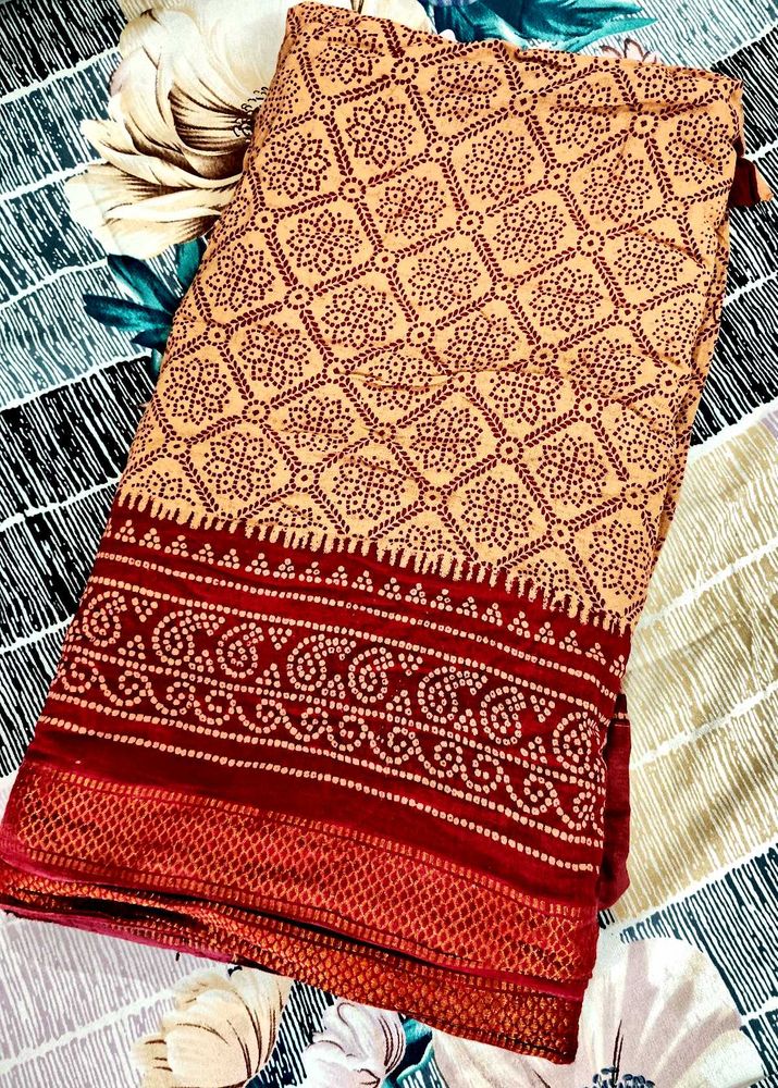 Red And Nude Color Cotton Mulmul Saree