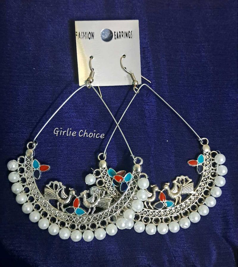 Hoop Peacock Silver Oxidised Earrings