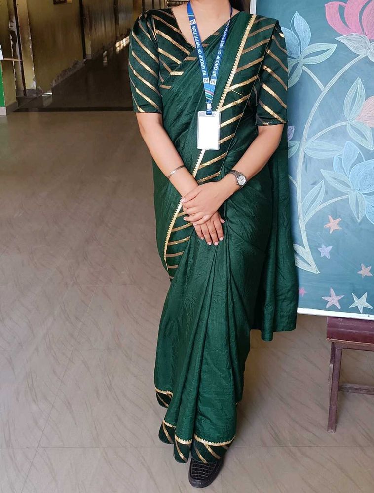 Elegant Green Saree with Gold Stripes blouse