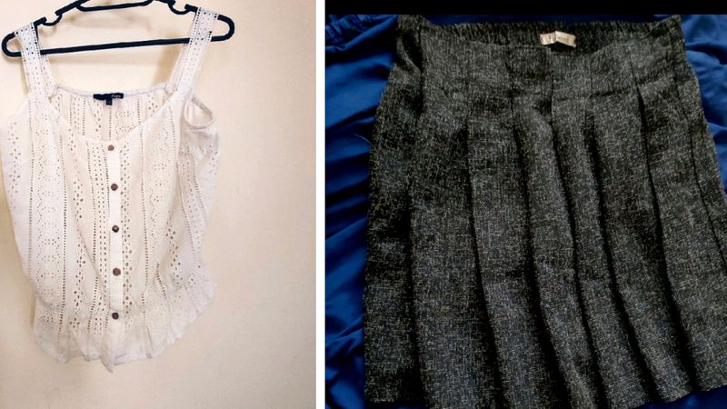 White Eyelet Top &amp; Pleated Tweed Skirt