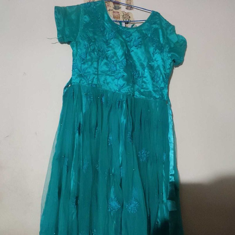 Teal Embroidered Party Long  Dress