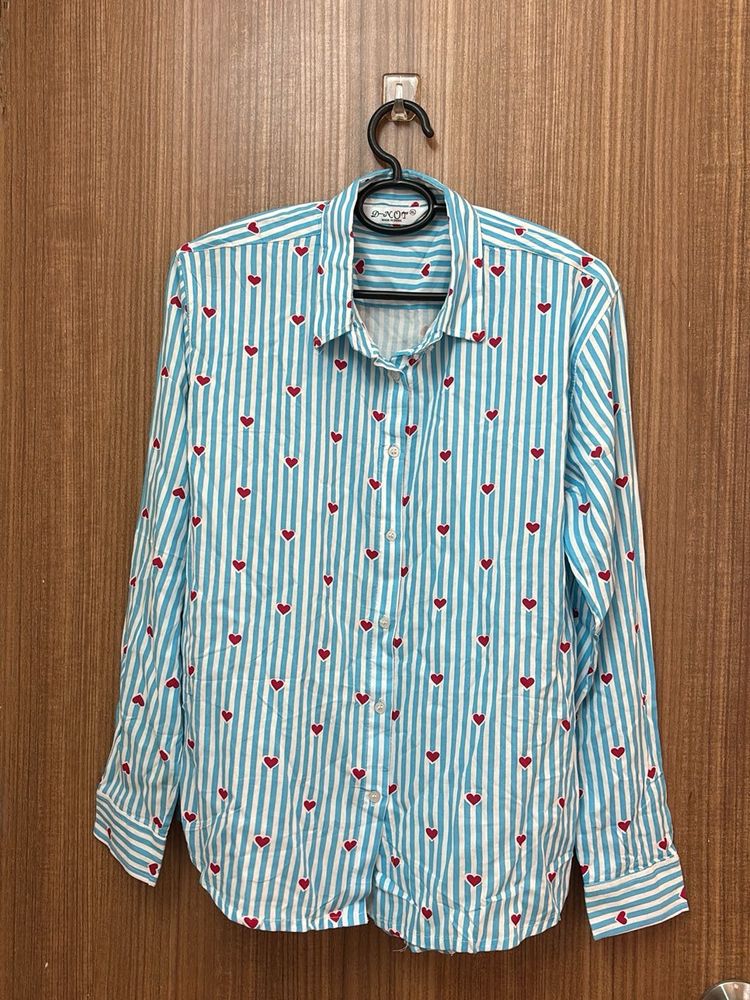 Blue Striped Red Heart Print Shirt