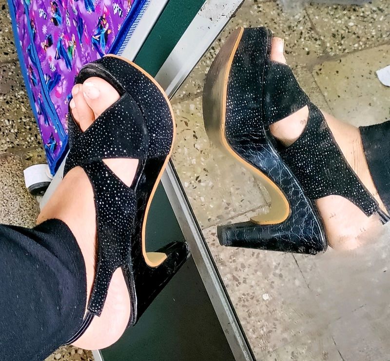 Black Glittered High Heels Sandals