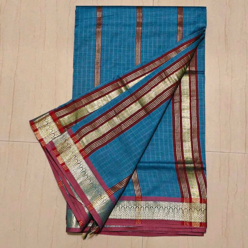 Elegant Blue &amp; Gold Cotton Saree