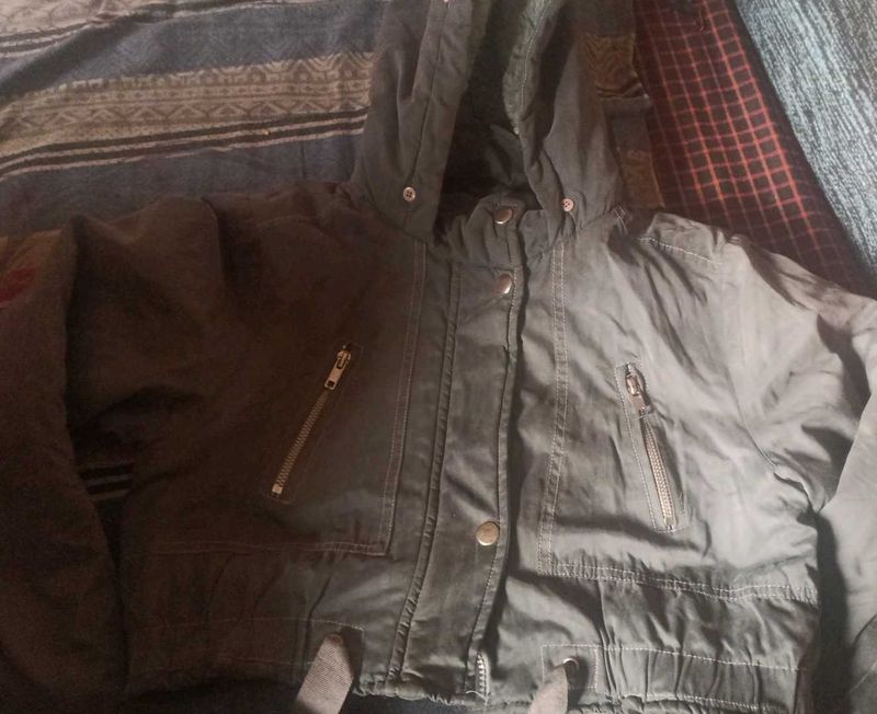 Olive Green Hooded Cropped Jacket