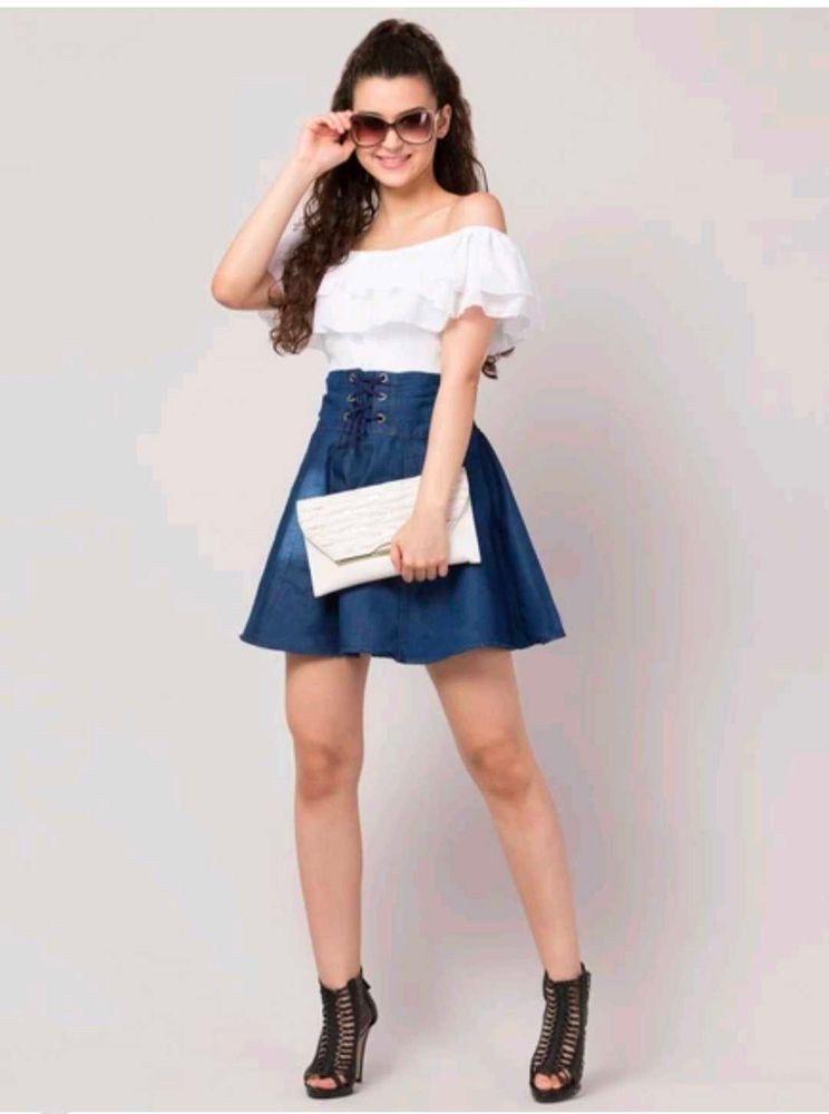 Women Fit And Flare Mini Length White &amp; Blue Dress