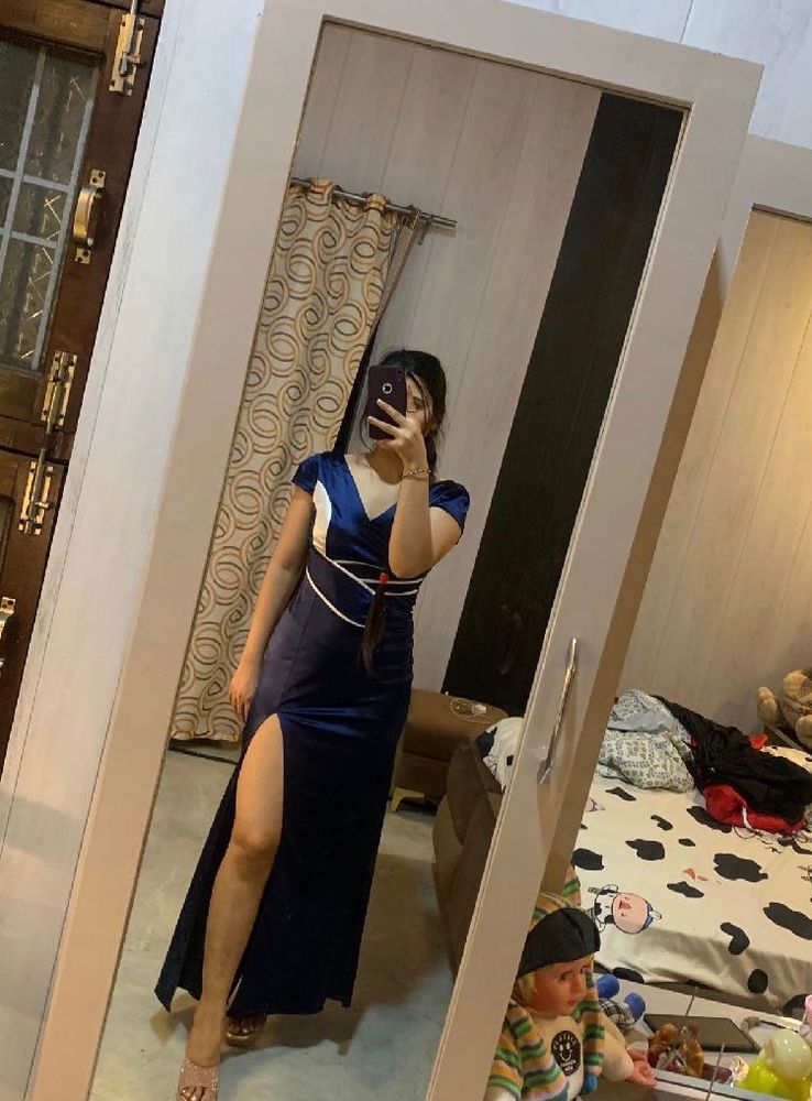 Navy Blue Slit Party Wear Dress