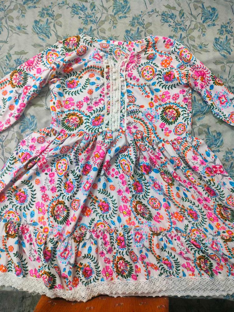 Floral Print Dress with Lace Trim