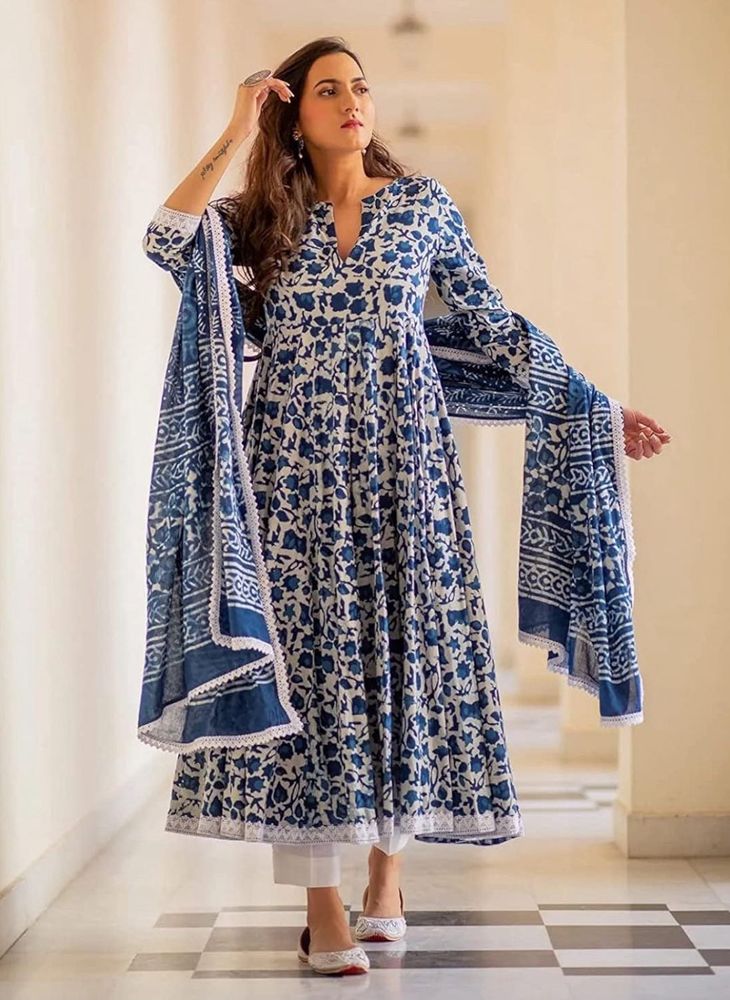 Elegant Blue Floral Kurta Set With Pants &amp; Dupat