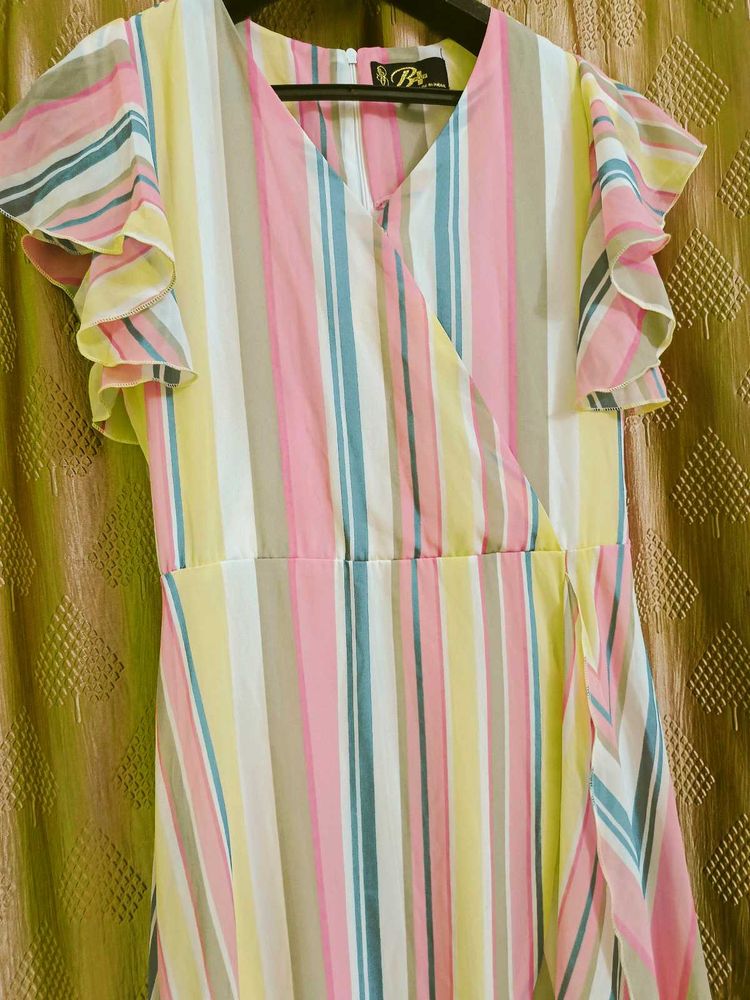 Striped Ruffle Wrap Dress