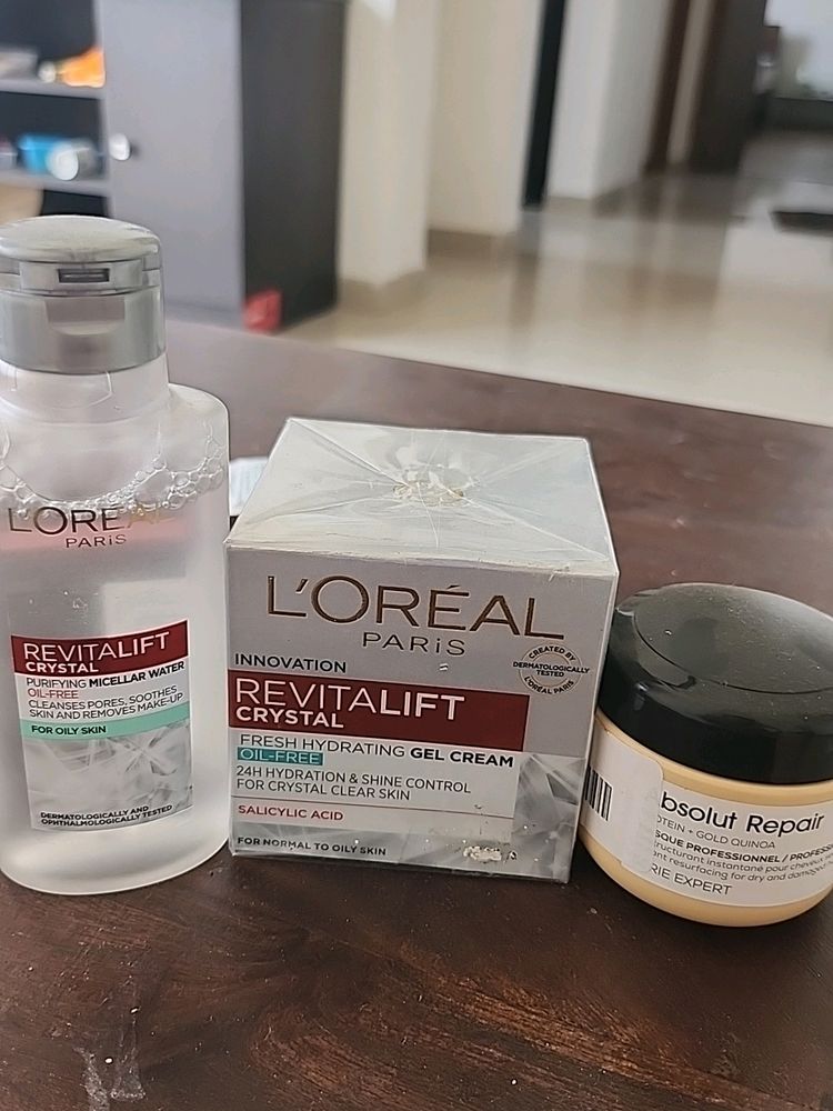Loreal paris Revitalift Crystal Gel Cream, Micellar Water And Absolut Repair Hair Mask