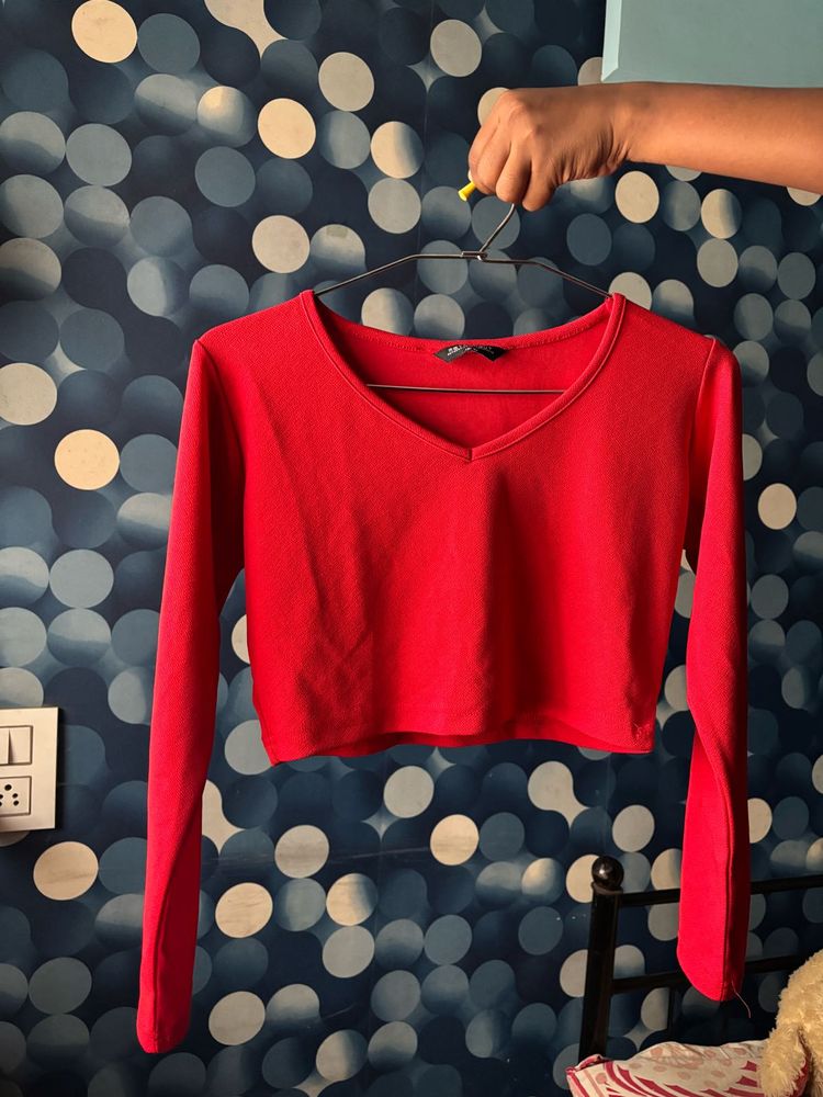 Red Cropped Long Sleeve Top