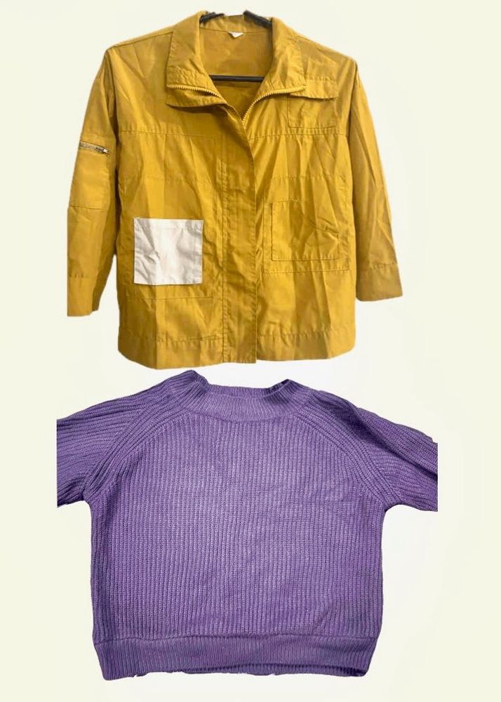 Mustard Jacket &amp; Purple Ribbed Sweater Set