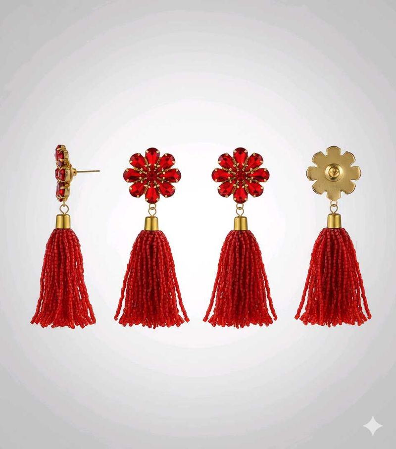 Earrings Red-Rub Crystal Tassel  (Red Stone Earrin