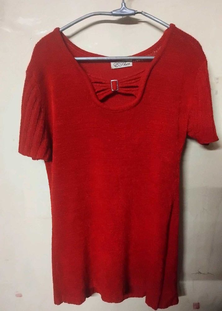 Red Knit Top with Bow Detail