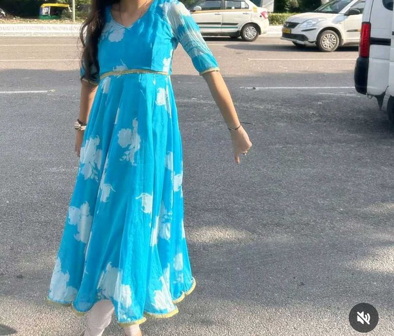 Blue Anarkali Dress with Floral Print