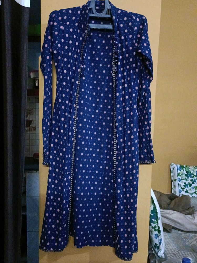 Blue Printed Ambrela Cut Long Sleeve Shrug