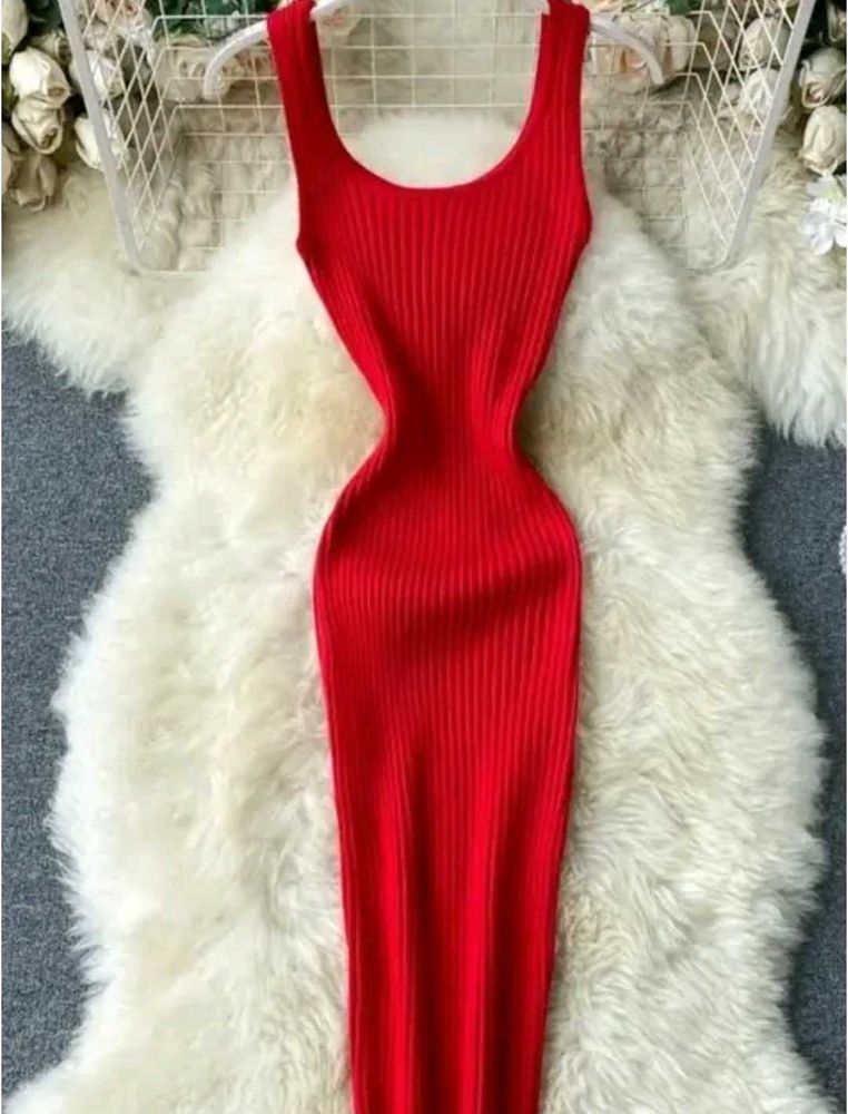 Ribbed Red Square Neck Bodycon Midi Dress