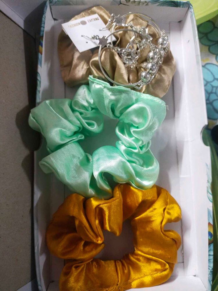 Combo Of 3 Scrunchies And 1 Earrings