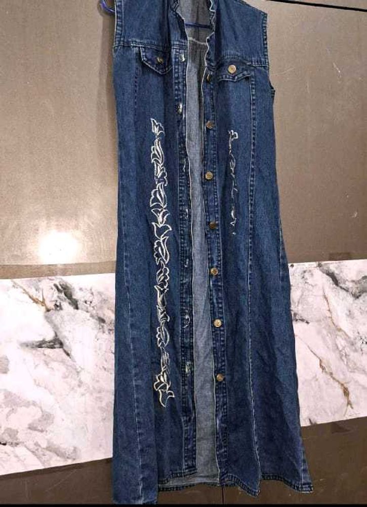 Denim Dress With Brown And White Striped Hodie