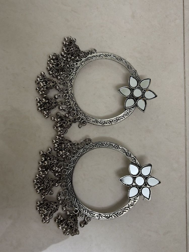 Silver Tone Floral Hoop Earrings