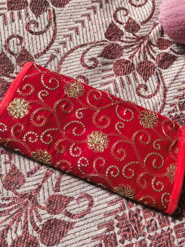 Red &amp; Gold Embroidered Clutch