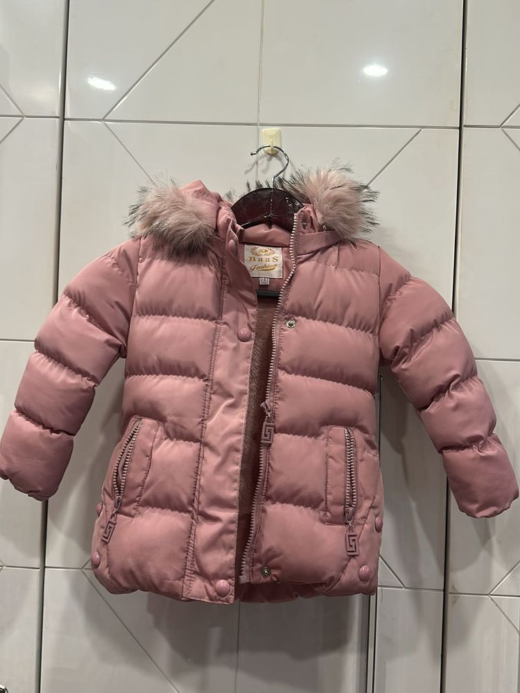 Girls&#39; Pink Puffer Coat with Fur Hood