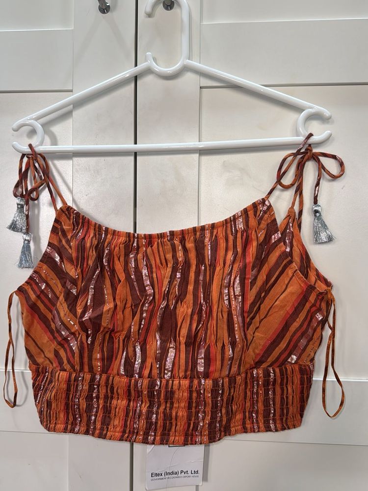 Orange Striped Tassel Crop Top