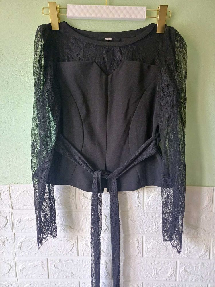 Black Lace Sleeve Tie-Waist Top