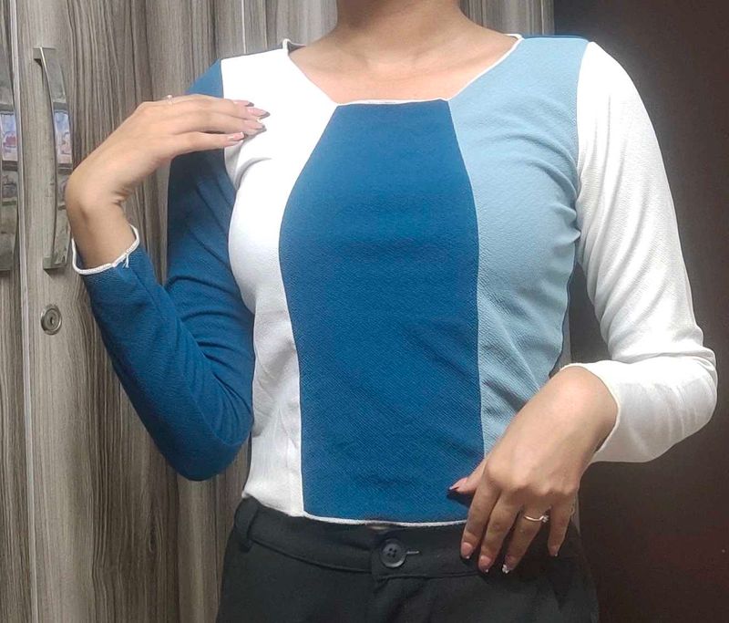 White &amp; Blue Crop Top Women