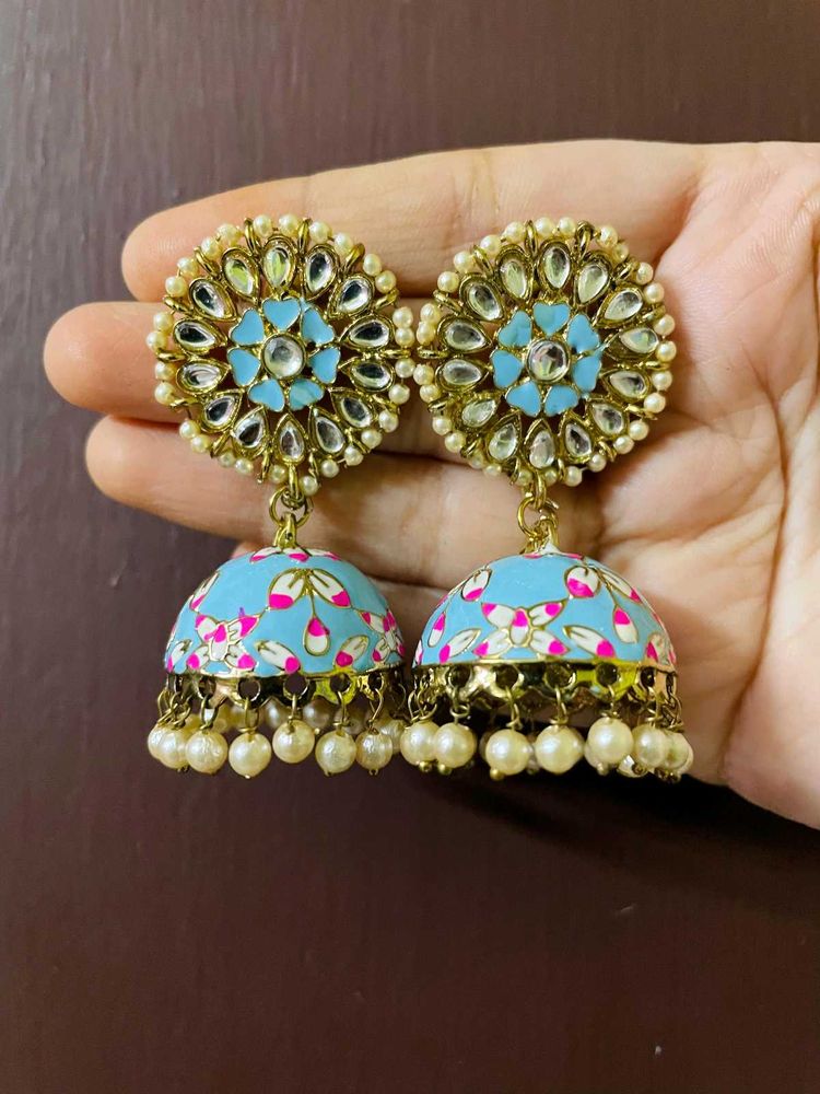 Blue Kundan Jhumka Earrings