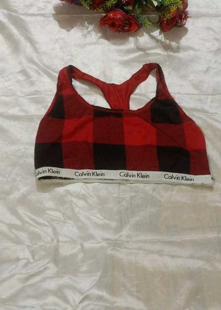 Calvin Klein Red Buffalo Plaid Sports Bra - Small