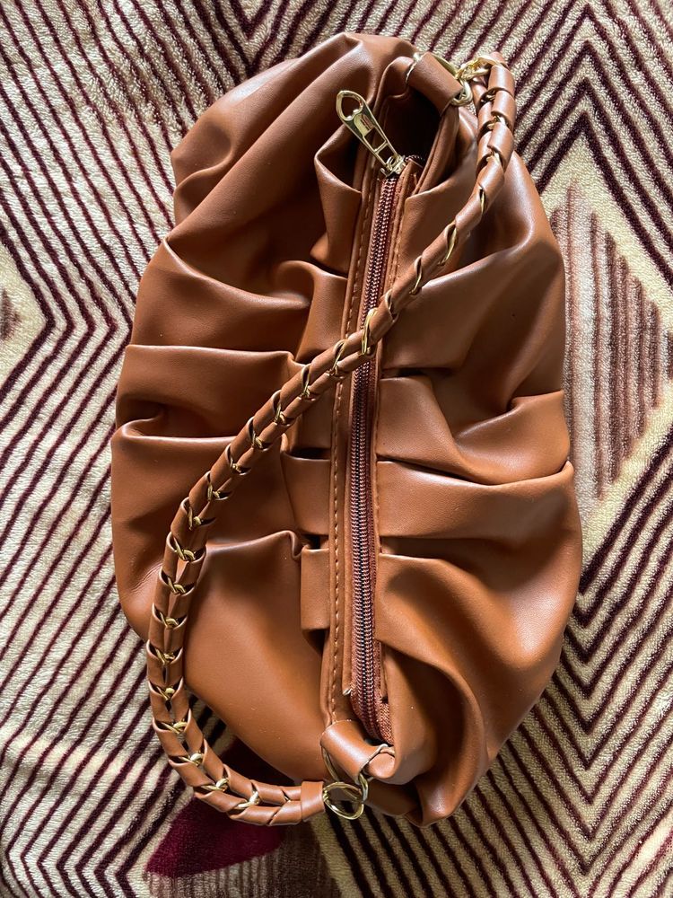 New Brown Pleated Leather Shoulder Bag