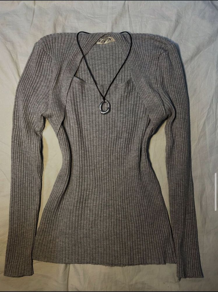 Gray Ribbed Long Sleeve Top