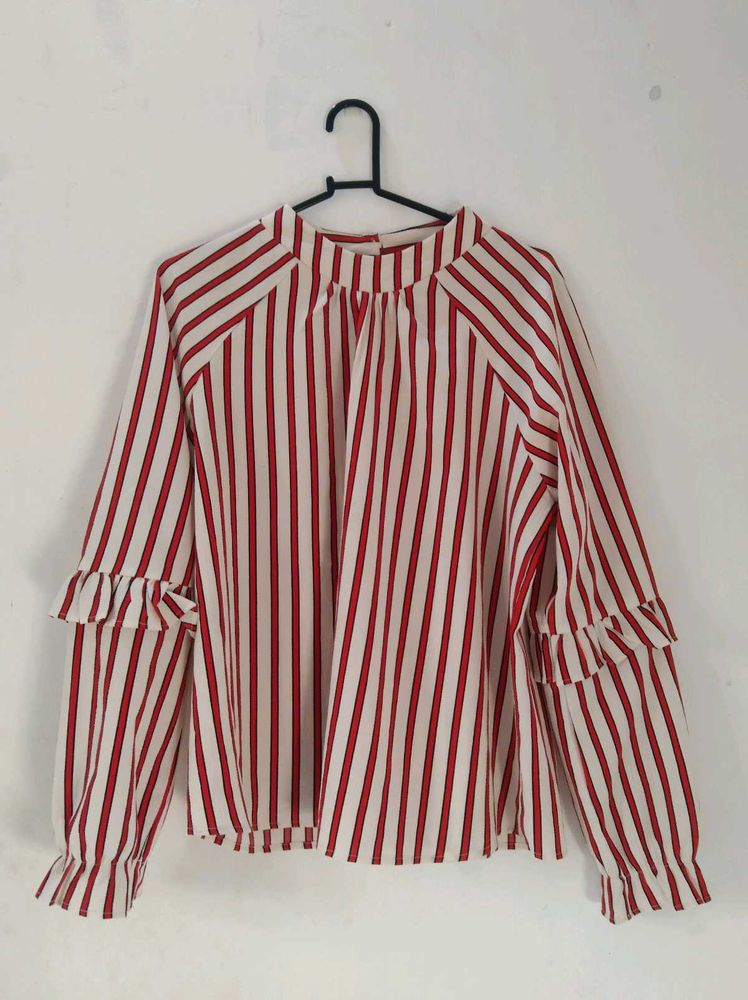 Striped Ruffle Sleeve Blouse ,Size M