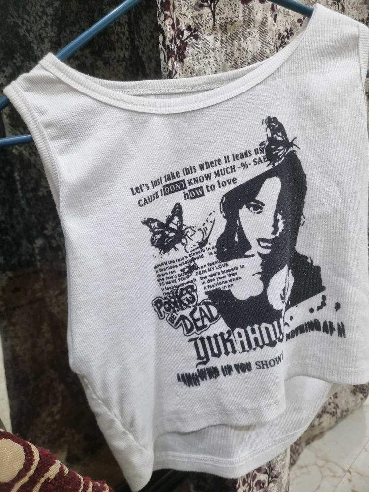 Gothic White Graphic Print Crop Top