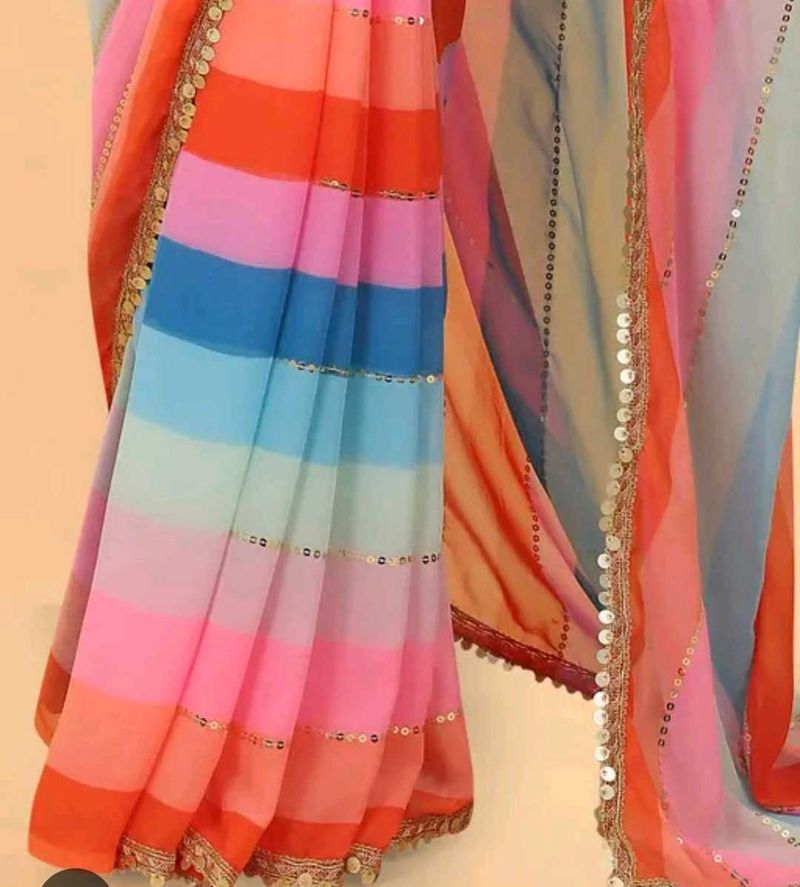 Colorful Striped Saree With Golden Zari Border