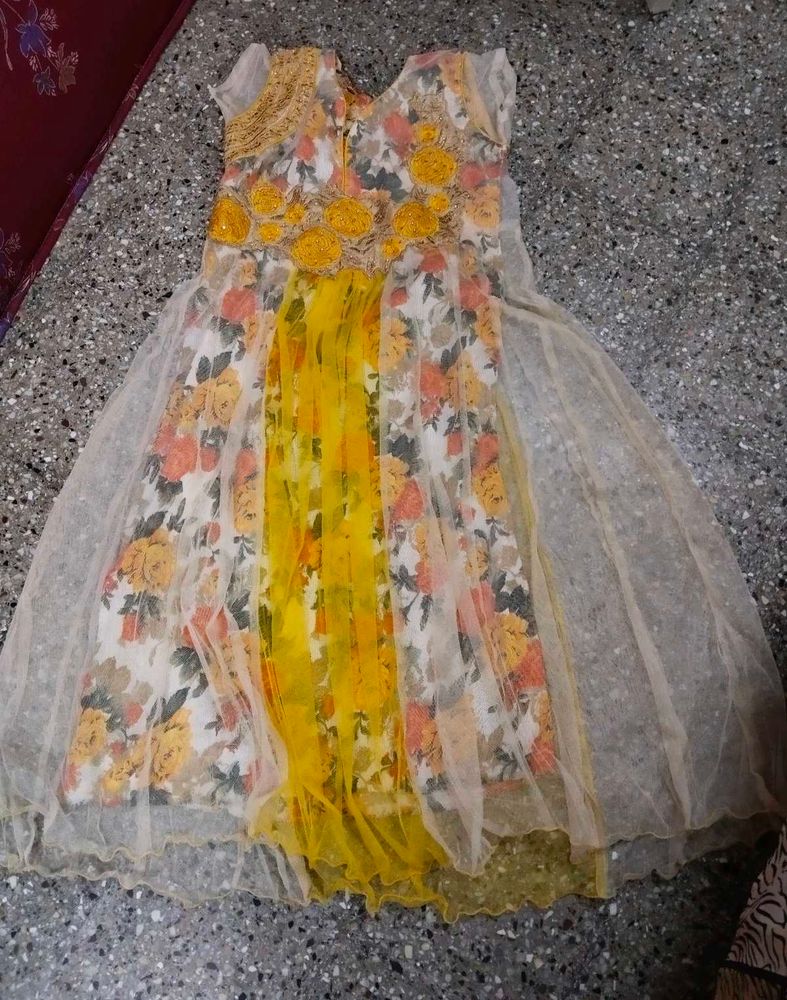 Beautiful Netted Yellow Floral Print Anarkali