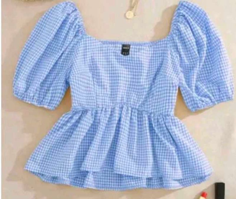 Blue Gingham Peplum Top