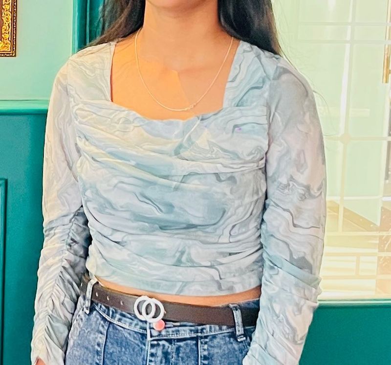 Marble Print Mesh Long Sleeve Top
